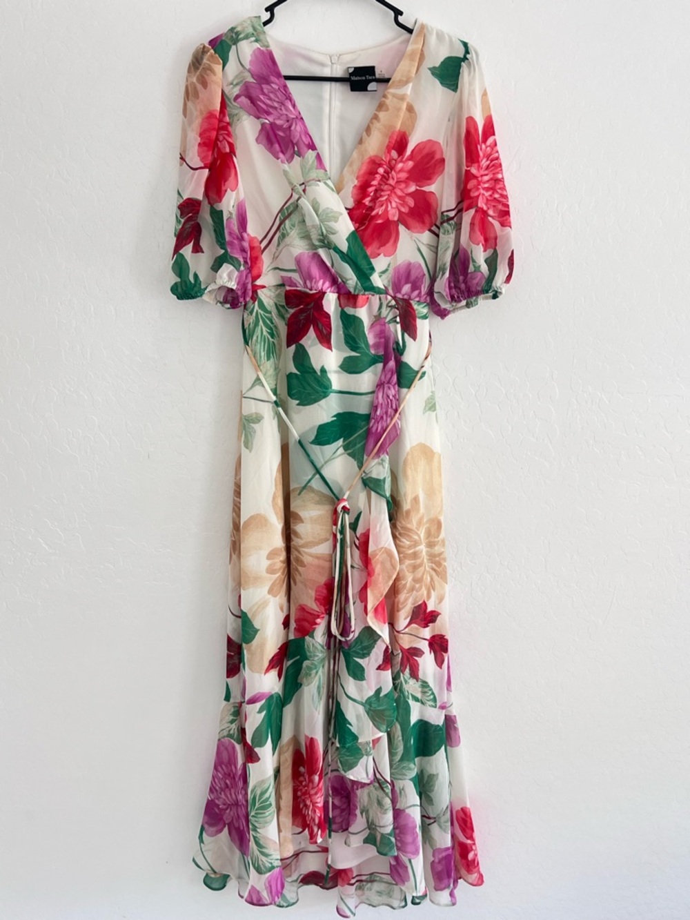 NWOT Maison Tara White Floral Faux Wrap Dress with Bishop Sleeves